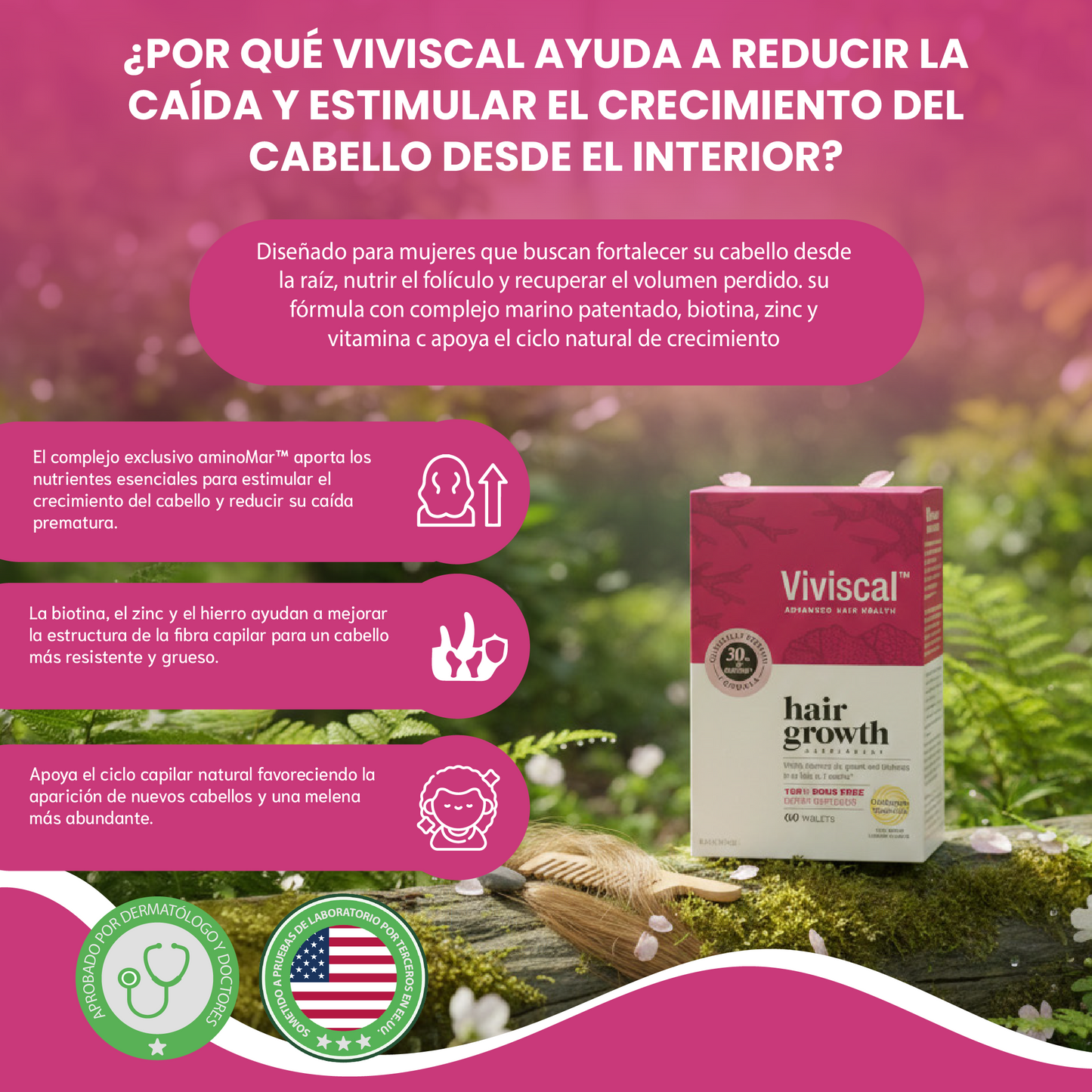 Hair growth- Suplemento que nutre el cabello para reducir la caída, estimular el crecimiento y aumentar el grosor y volumen.