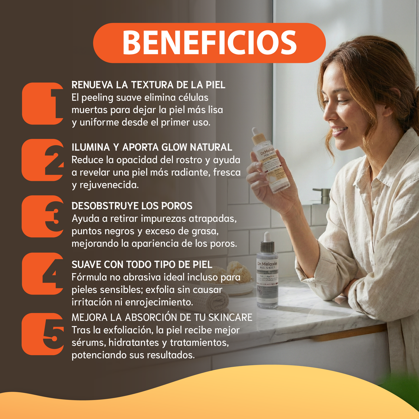 Dr.melaxin Línea de arroz Peel Shot Glow- Exfoliante removedor de células muertas de la piel.