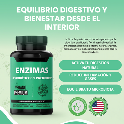 Enzimas + Probióticos y Prebióticos - Suplemento alimenticio vegano premium para mejorar la digestión.