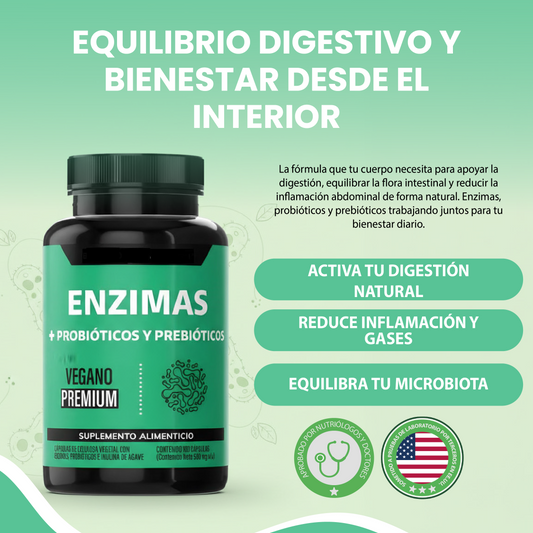 Enzimas + Probióticos y Prebióticos - Suplemento alimenticio vegano premium para mejorar la digestión.