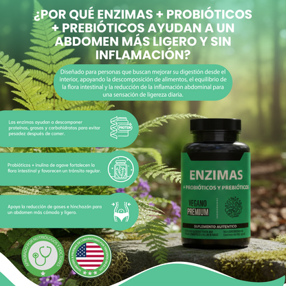 Enzimas + Probióticos y Prebióticos - Suplemento alimenticio vegano premium para mejorar la digestión.
