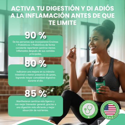 Enzimas + Probióticos y Prebióticos - Suplemento alimenticio vegano premium para mejorar la digestión.