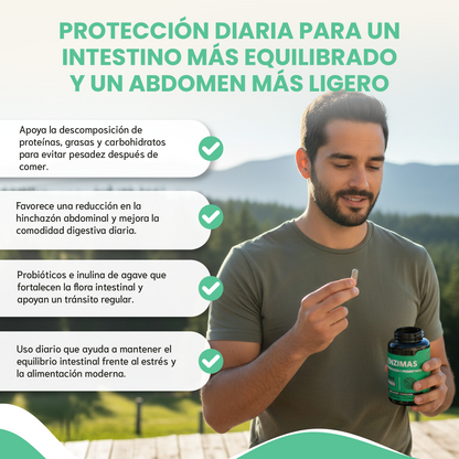 Enzimas + Probióticos y Prebióticos - Suplemento alimenticio vegano premium para mejorar la digestión.