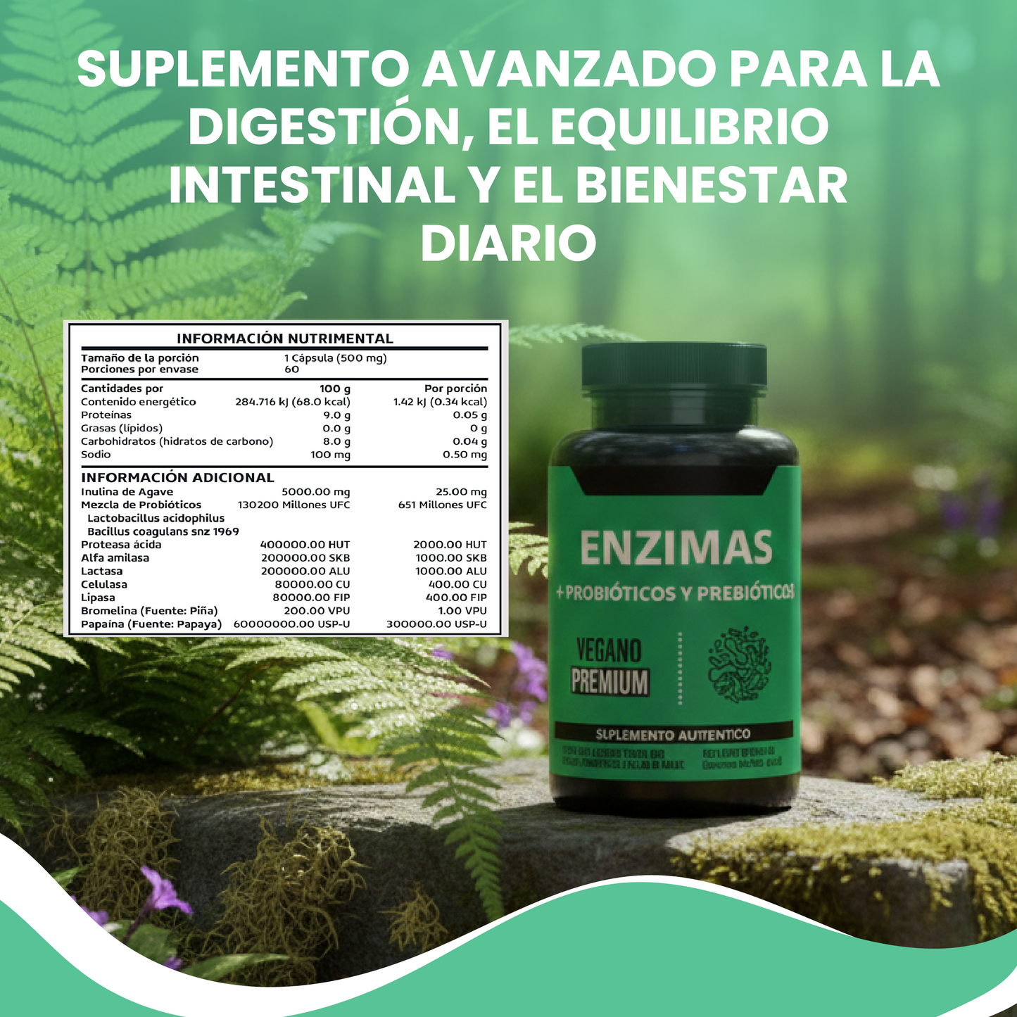 Enzimas + Probióticos y Prebióticos - Suplemento alimenticio vegano premium para mejorar la digestión.