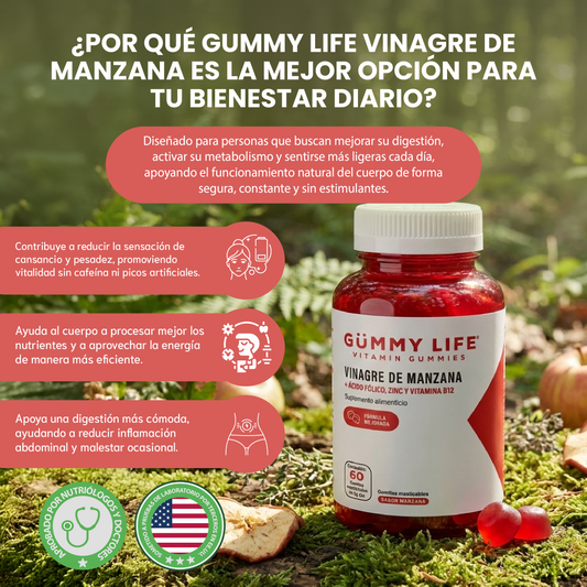 Gummy life vitamins vinagre de manzana-estimula tu energía, mejora la digestión y apoya tu metabolismo.