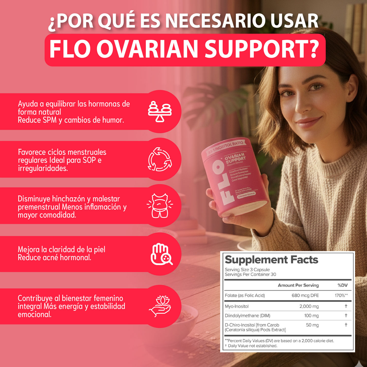 FLO Apoyo a la salud ovárica- Balance hormonal, Ciclos regulares,Bienestar ovárico