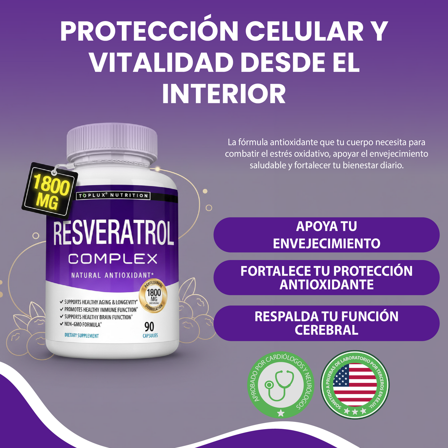 Resveratrol complex- Apoya el envejecimiento saludable, la función inmunológica y la salud cerebral.