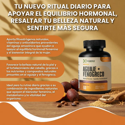 Aguaje + Fenogreco-Apoya el equilibrio hormonal, Mejora la piel, cabello y uñas.