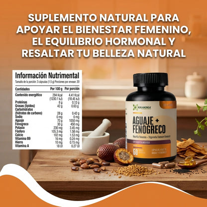 Aguaje + Fenogreco-Apoya el equilibrio hormonal, Mejora la piel, cabello y uñas.