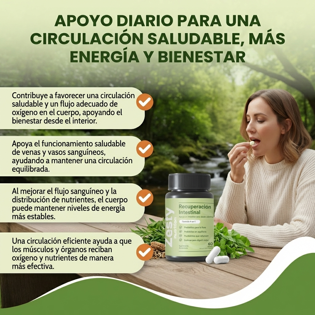 Recuperación Intestinal- ayuda a promover una mejor circulación, mejor flujo de oxígeno y energía natural para el día a día.