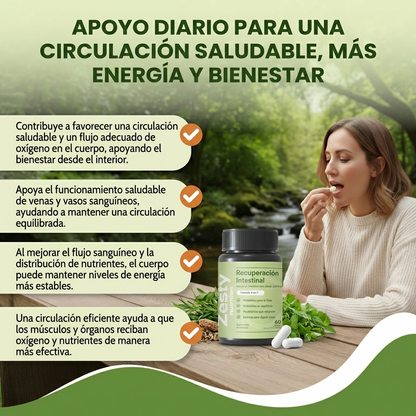 Recuperación Intestinal- ayuda a promover una mejor circulación, mejor flujo de oxígeno y energía natural para el día a día.