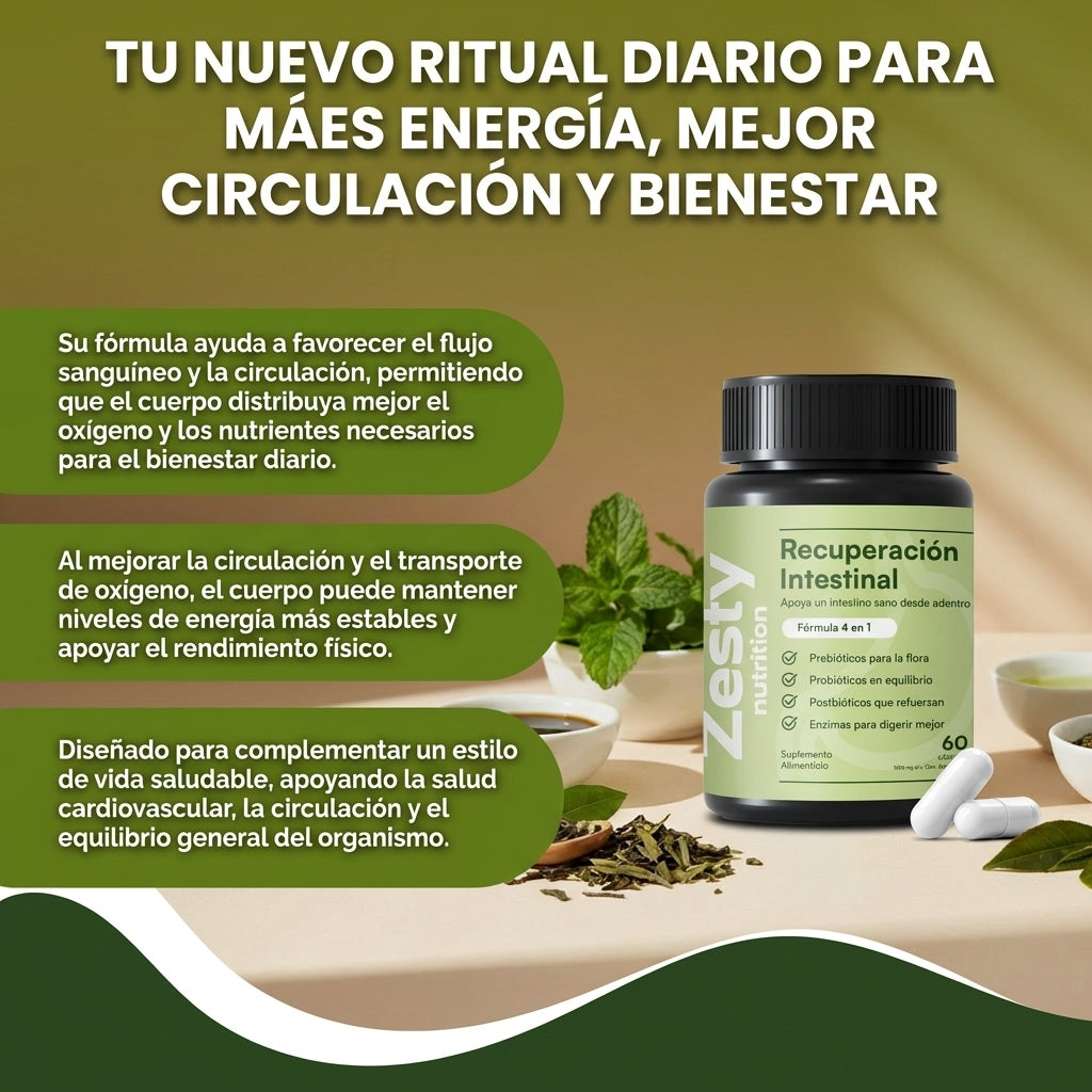 Recuperación Intestinal- ayuda a promover una mejor circulación, mejor flujo de oxígeno y energía natural para el día a día.