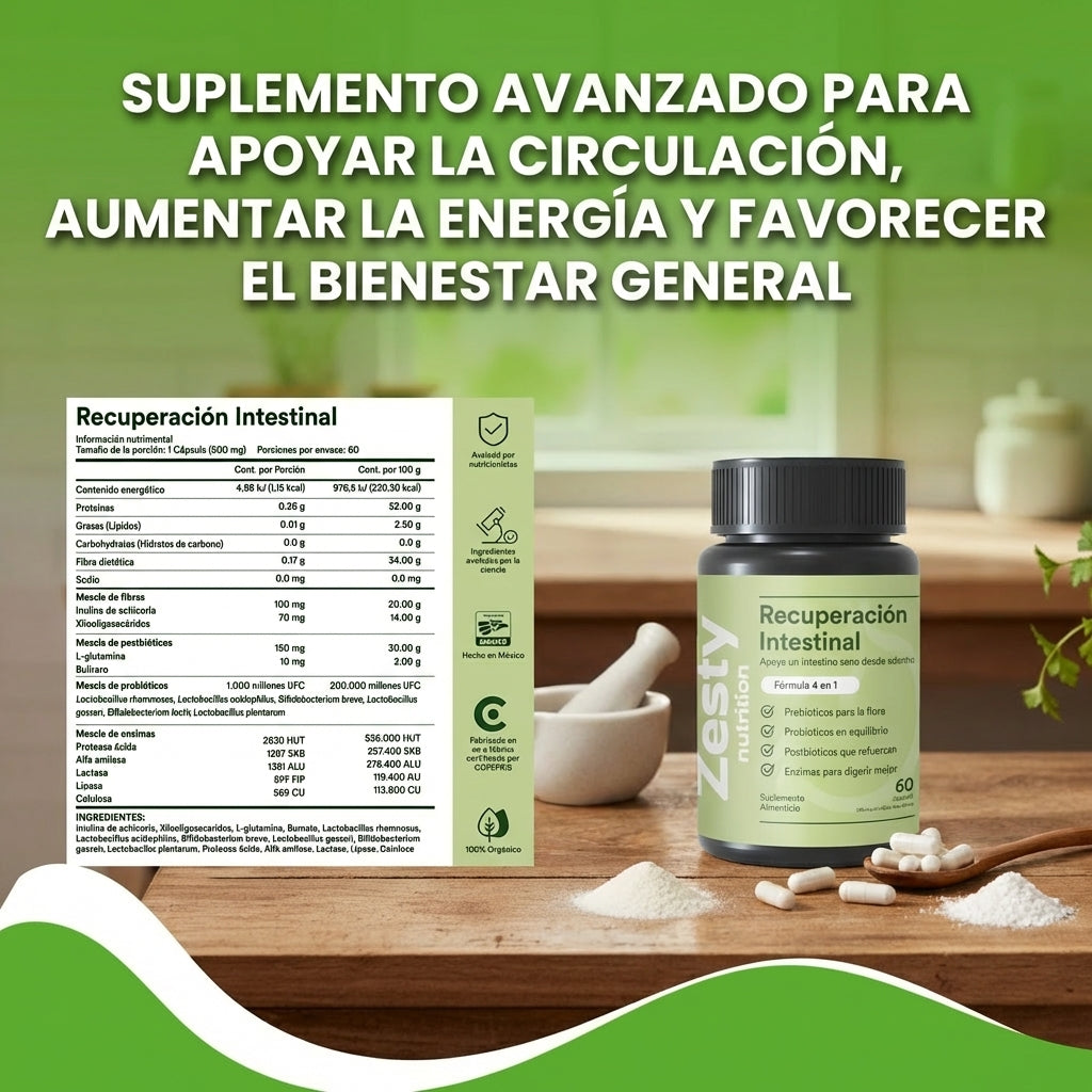 Recuperación Intestinal- ayuda a promover una mejor circulación, mejor flujo de oxígeno y energía natural para el día a día.