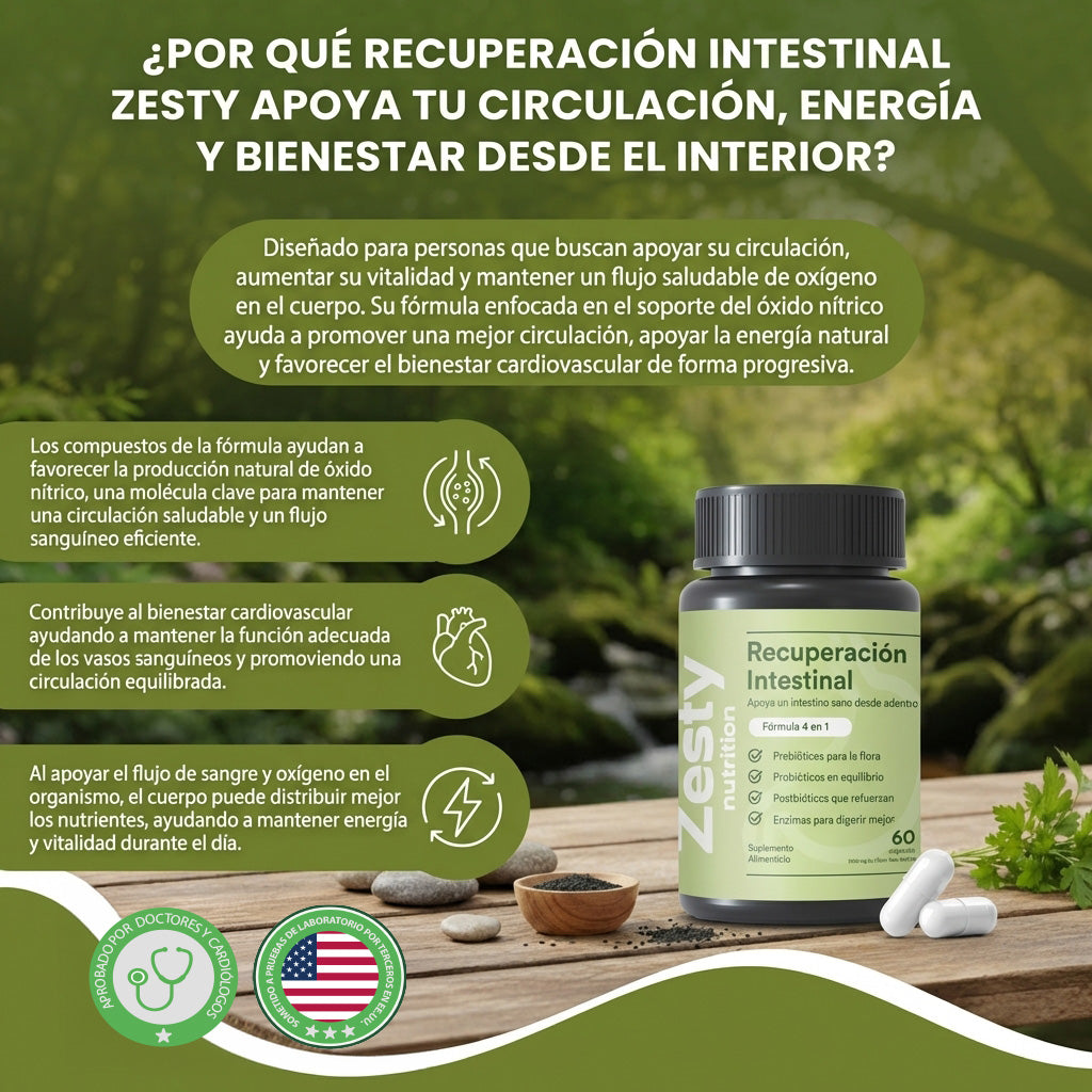 Recuperación Intestinal- ayuda a promover una mejor circulación, mejor flujo de oxígeno y energía natural para el día a día.