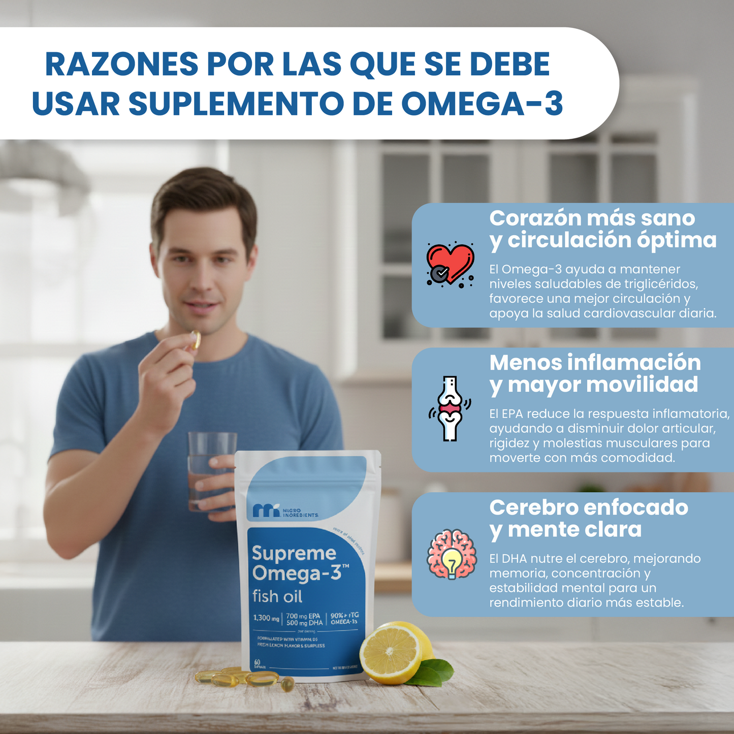 Supreme Omega-3 Aceite de Pescado- Apoya tu salud cardiovascular, cerebral, articular y visual.