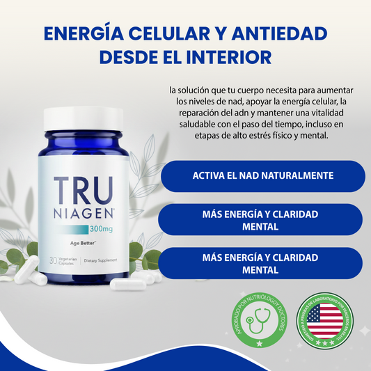 Tru Niagen- Suplemento NAD para la función cerebral, antienvejecimiento y regeneración celular.